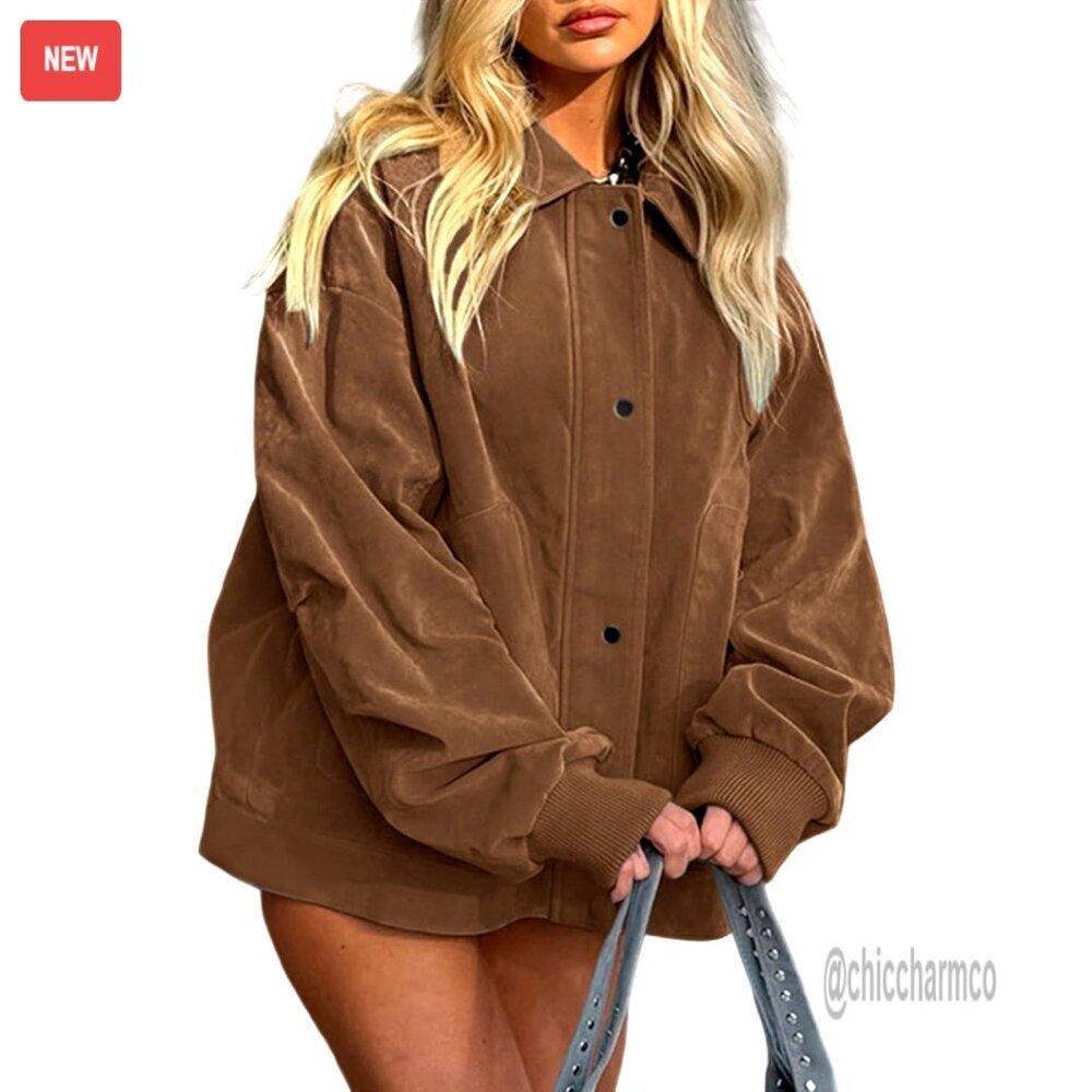 Faux Leather Bomber Jacket Long Sleeve Button Down Zipper Y2K